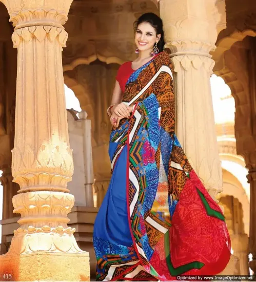 Picture of indian designer pink blue zari work bollywood sari raw 