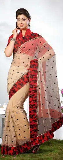 Picture of indian designer red beige zari work bollywood sari raw 