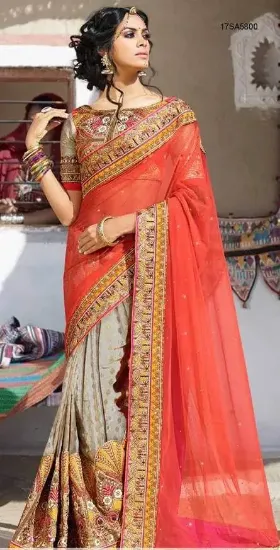 Picture of indian designer red brown zari work bollywood sari raw 