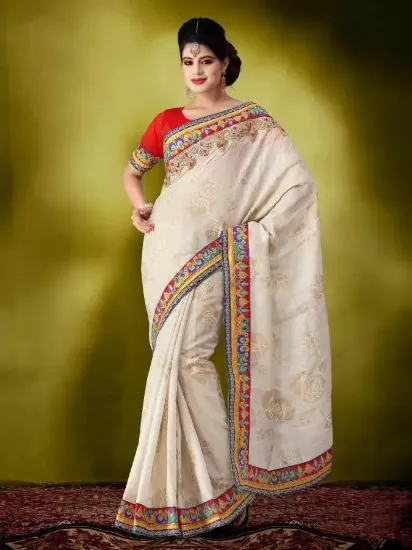 Picture of indian designer saree pink border work floral partyware