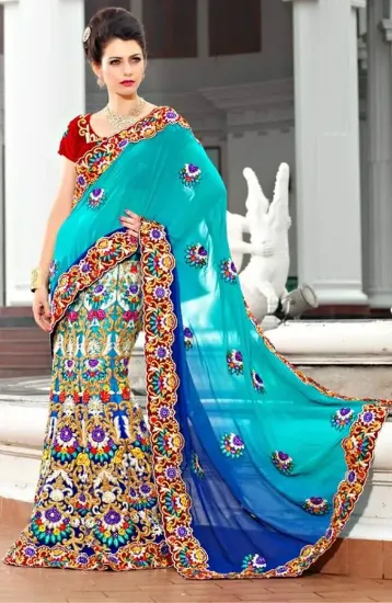 Picture of indian designer sky blue zari border bollywood sari ge,