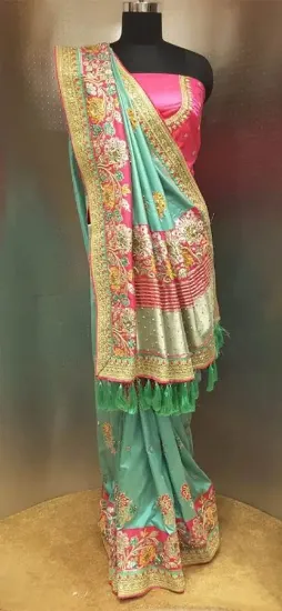 Picture of indian designer zari border mustard bollywood sari geo,