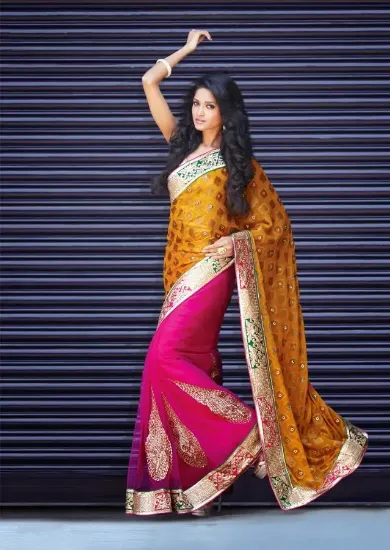 Picture of indian eligent poly cotton pink saree traditional part,