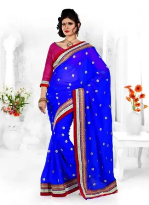 Picture of indian embroidered saree blue silk blend fabric handmad