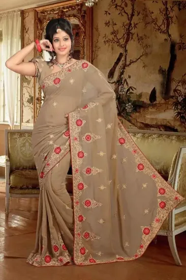 Picture of indian embroidered sari georgette blend ethnic salmon e