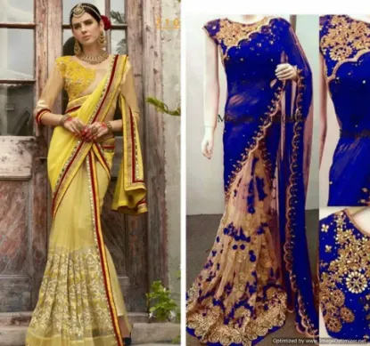 Picture of indian embroidered sari party wear silk blend dress et,