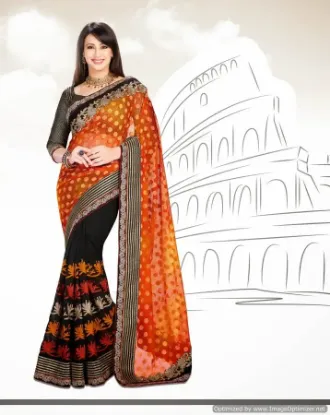 Picture of indian ethnic handmade saree orange pure silk leafs pri