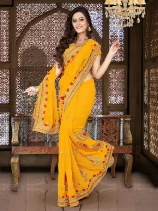 Picture of indian ethnic handmade saree orange pure silk leafs pri