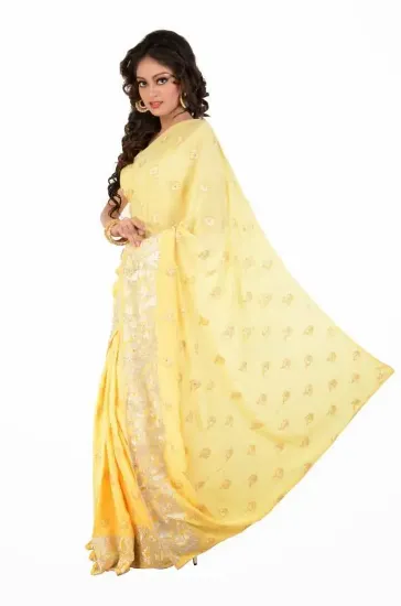 Picture of indian ethnic handmade saree pure silk floral yellow pr