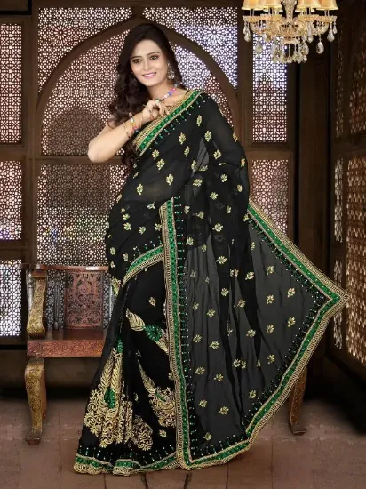 Picture of indian ethnic handmade saree pure silk green floral pri