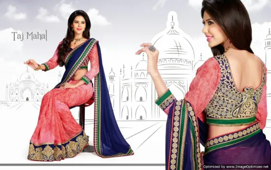 Picture of indian green pink tussar silk saree with designer blou,