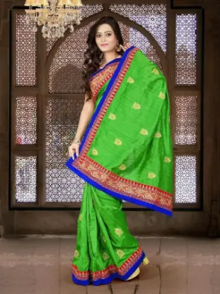 Picture of indian green pink tussar silk saree with designer blous