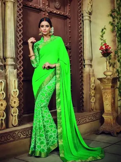 Picture of indian green zari border sari georgette designer embro,