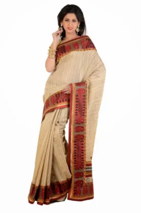 Picture of indian handmade 100% silk beige abstract printed saree 