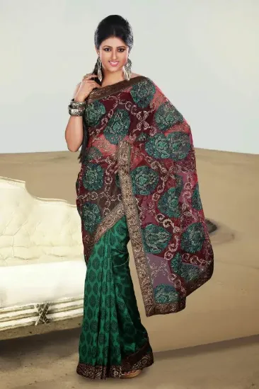 Picture of indian handmade 100% silk beige saree floral printed et