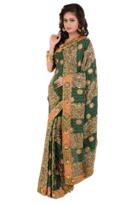 Picture of indian handmade calico printed 100% silk green saree et