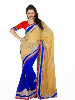 Picture of indian handmade crepe silk blue saree nice printed bati