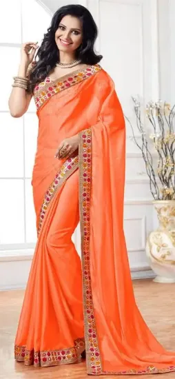 Picture of indian handmade crepe silk saree orange embroidered dre