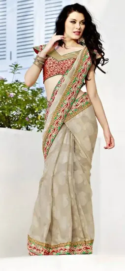 Picture of indian handmade dress making beige pure silk saree flor