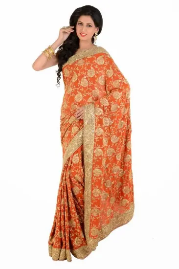 Picture of indian handmade dress making beige pure silk saree flor