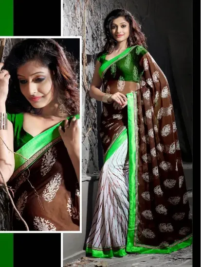 Picture of indian handmade ethnic pure silk green nice saree print