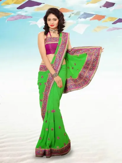 Picture of indian handmade ethnic saree stripe printed 100% silk g