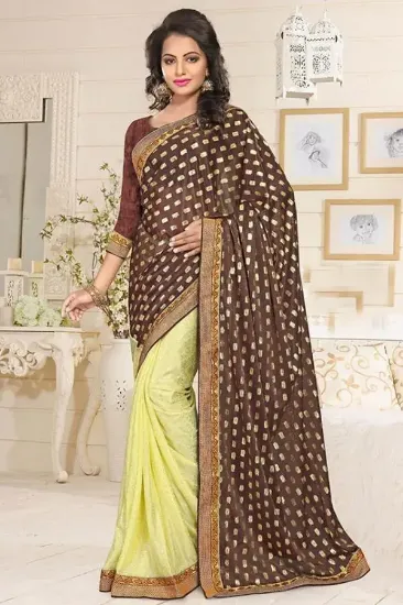 Picture of indian handmade ethnic sari pure silk yellow saree abst