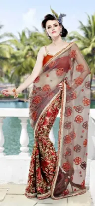 Picture of indian handmade floral pure silk saree beige printed et