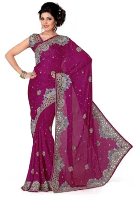 Picture of indian handmade magenta saree women embroidered party w