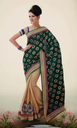 Picture of indian handmade pure silk green saree nice printed ethn