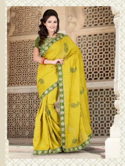 Picture of indian handmade pure silk saree yellow abstract printed