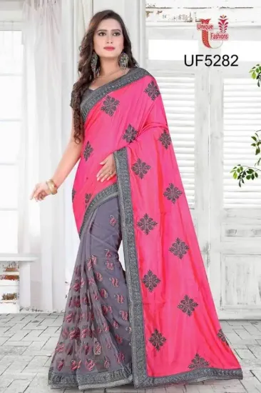 Picture of indian handmade red saree floral printed crepe silk sar