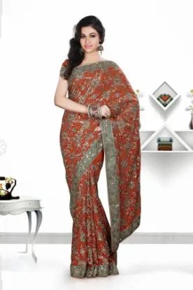 Picture of indian handmade saree brown polyester fabric floral sar