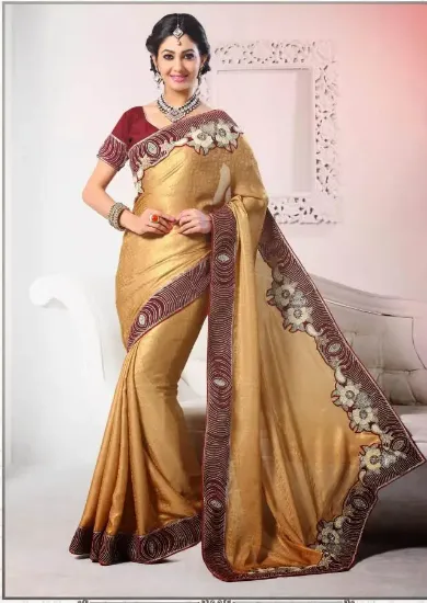 Picture of indian handmade saree brown printed satin silk fabric c