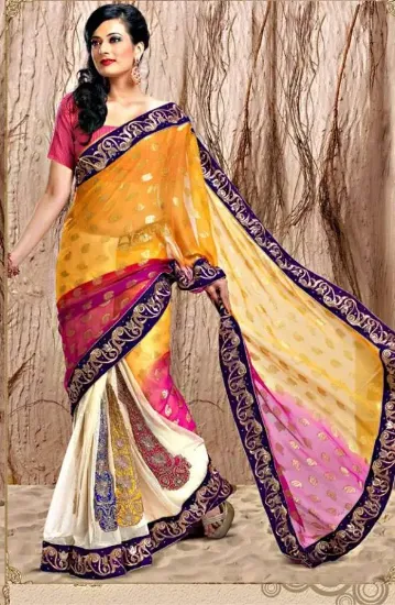 Picture of indian handmade saree embroidered polyester beige craft