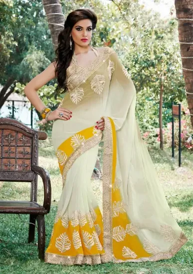 Picture of indian handmade saree floral printed 100% silk beige et