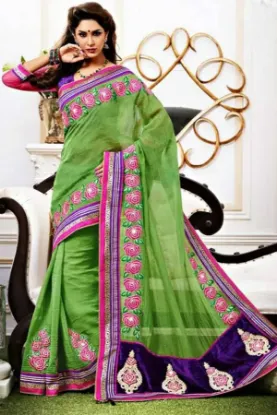 Picture of indian handmade saree floral printed pure silk green sa