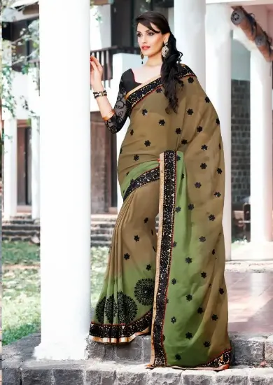 Picture of indian handmade saree green silk blend sarong floral pr