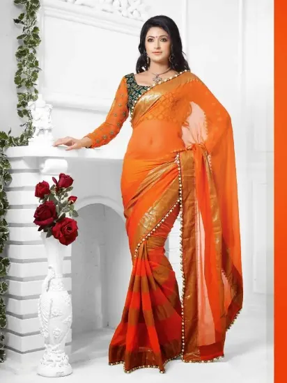 Picture of indian handmade saree orange hand embroidered fabric si