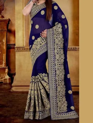 Picture of indian handmade saree paisley printed pure silk blue sa