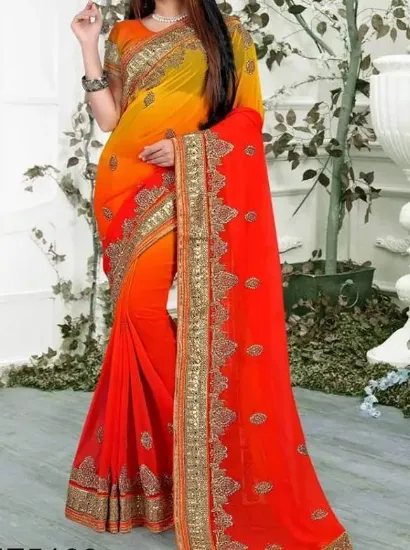 Picture of indian handmade saree paisley printed pure silk orange 