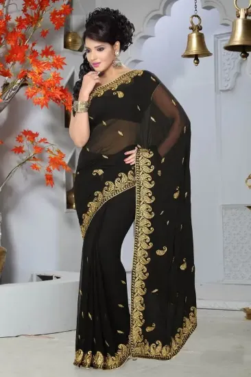 Picture of indian handmade saree polka dot printed pure silk black