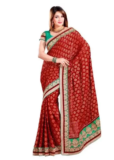 Picture of indian handmade saree pure silk fabric printed brown dr