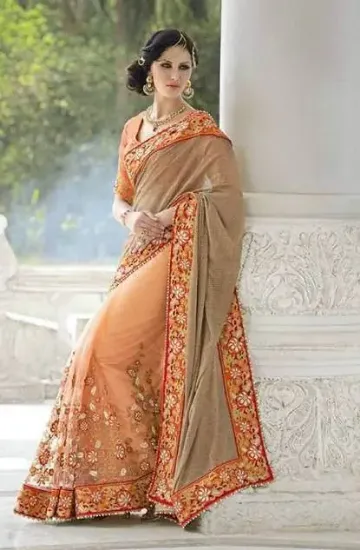 Picture of indian handmade sari craft fabric pure silk beige flora