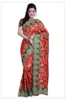 Picture of indian handmade sari pure silk beige floral printed eth