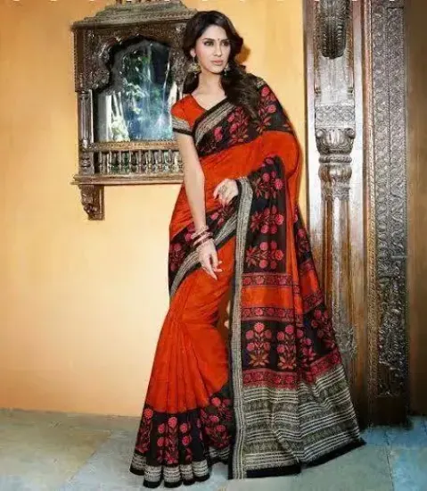 Picture of indian handmade sari pure silk beige floral printed eth