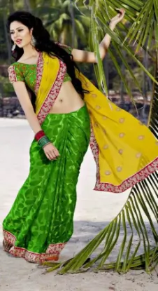 Picture of indian handmade sari pure silk green abstract printed e