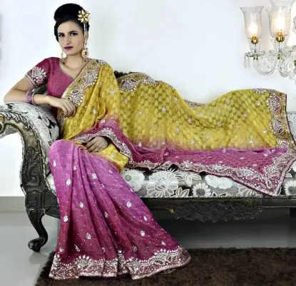 Picture of indian handmade sari pure silk multicolor stripe printe