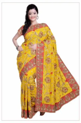 Picture of indian handmade silk blend saree leaf printed women wra