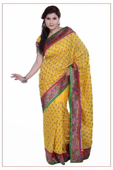 Picture of indian handmade silk blend saree yellow paisley printed